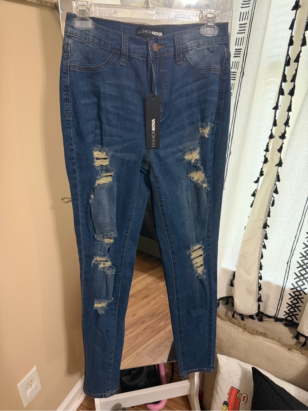 Fashion Nova Distressed Deep Blue Skinny Jeans